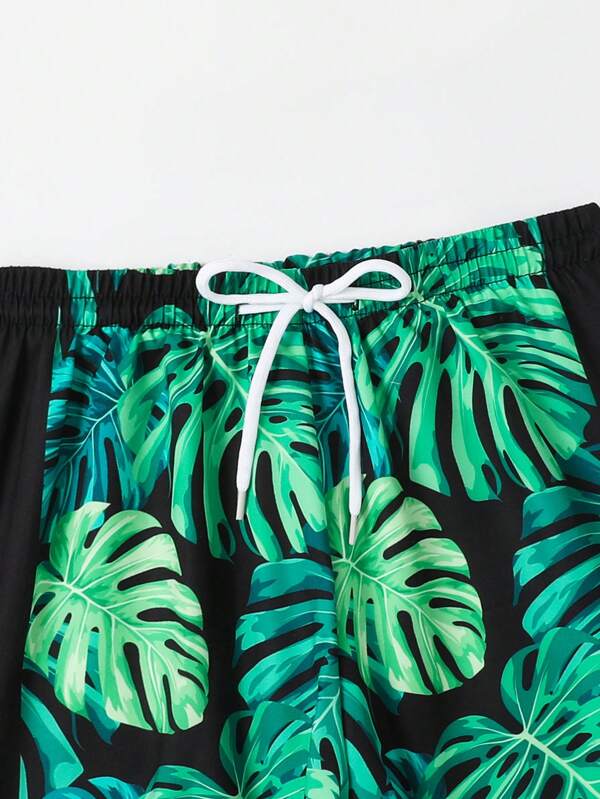 Toddler Boys Tropical Print Drawstring Waist Swim Shorts With Swim Cap