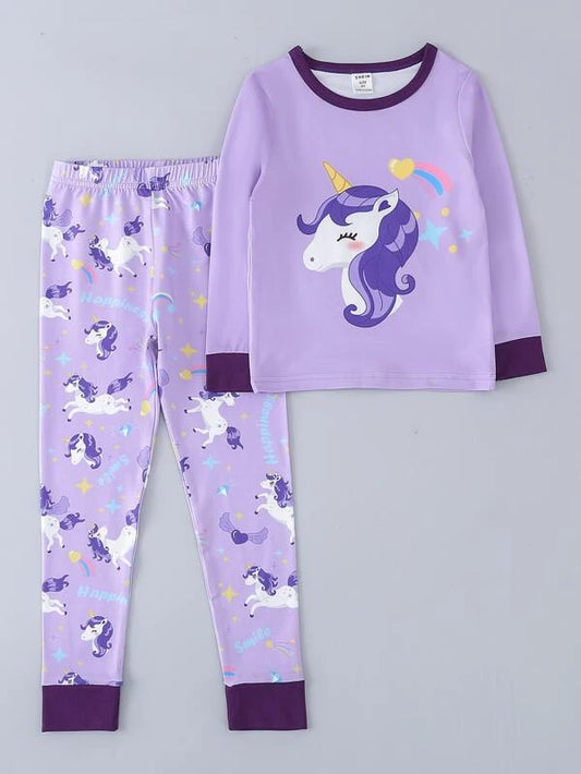 Toddler Girls Unicorn Print Contrast Trim Snug Fit PJ Set