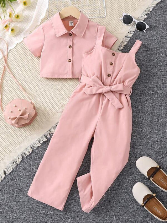 SHEIN Toddler Girls Button Front Shirt & Belted Cami Jumpsuit