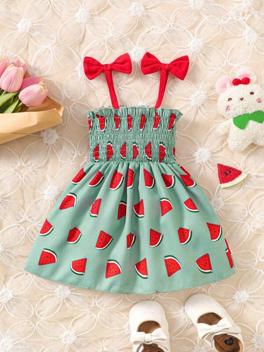 Baby Watermelon Print Bow Shoulder Shirred Cami Dress