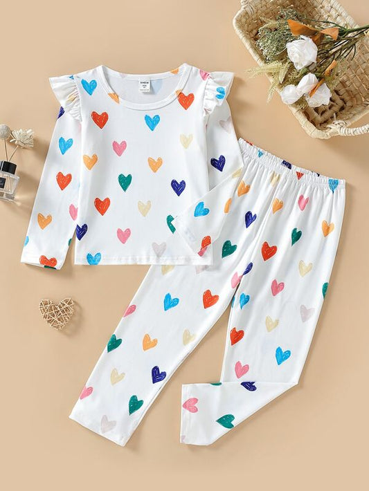 SHEIN Kids QTFun Toddler Girls Heart Print Ruffle Trim Tee & Pants PJ Set