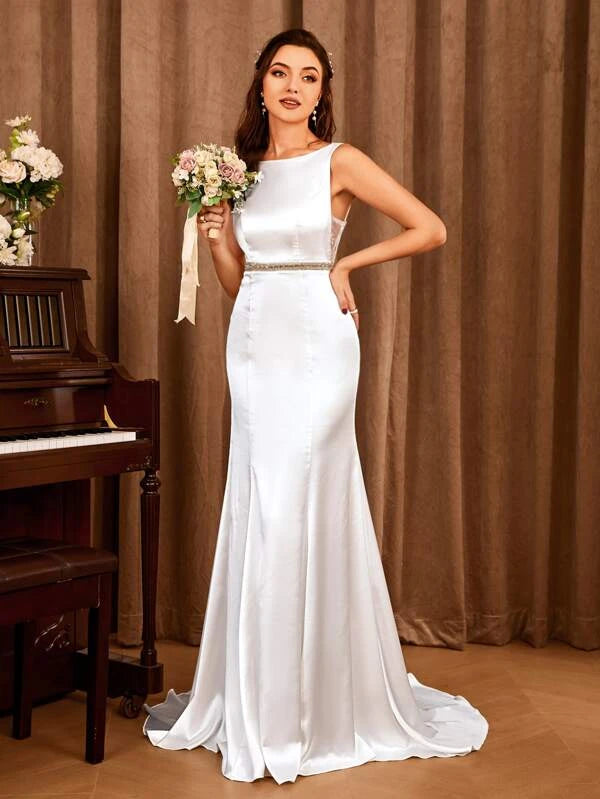 Contrast Lace Mermaid Hem Satin Wedding Dress Without Veil