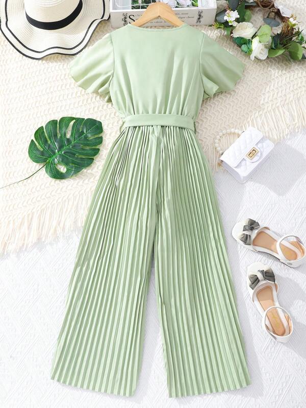 Girls Surplice Neck Butterfly Sleeve Pleated Wide Leg Jumpsuit