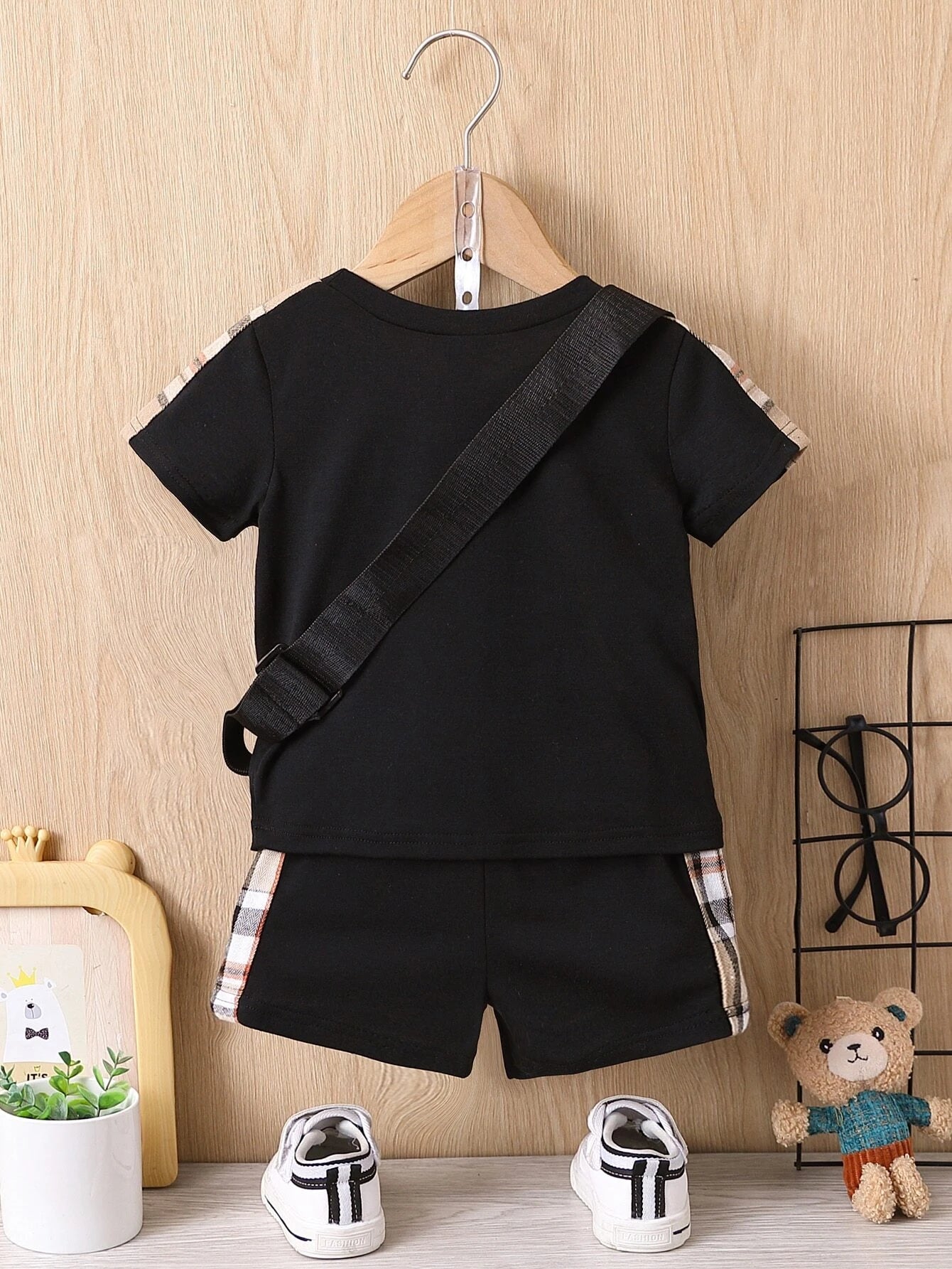 Baby Contrast Plaid Tape Tee & Shorts & Bag