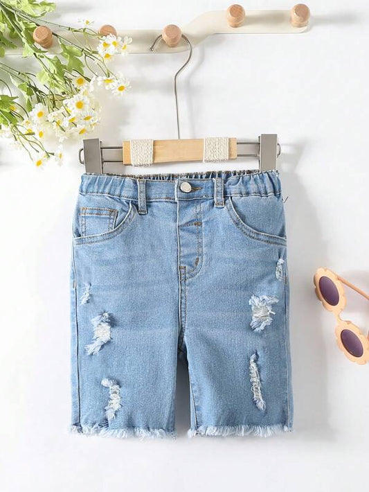 SHEIN Kids EVRYDAY Toddler Girls Ripped Raw Hem Denim Shorts