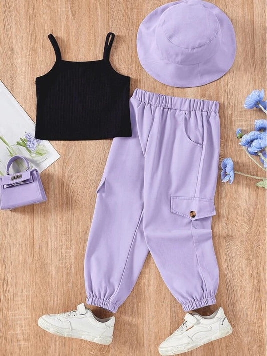 Toddler Girls Solid Cami Top & Flap Detail Pants & Accessory Hat