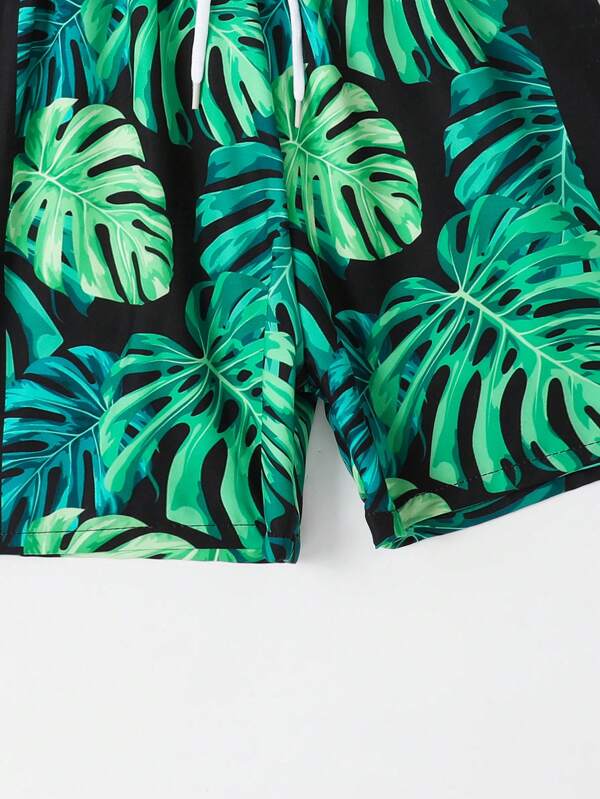 Toddler Boys Tropical Print Drawstring Waist Swim Shorts With Swim Cap