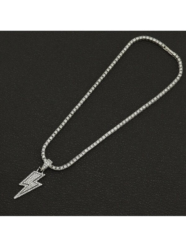 European And American Hip-hop Lightning Pendant Necklace, Alloy & Rhinestone Decoration, Unisex Cool Design Tennis Chain With Single Diamond, Lightning Shaped Pendant