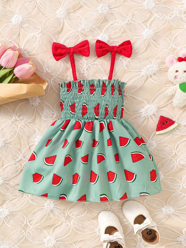 Baby Watermelon Print Bow Shoulder Shirred Cami Dress