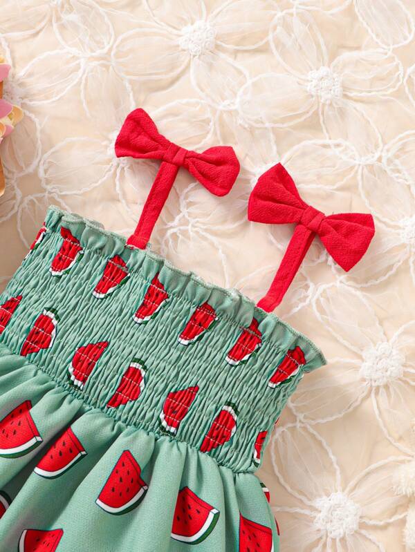 Baby Watermelon Print Bow Shoulder Shirred Cami Dress