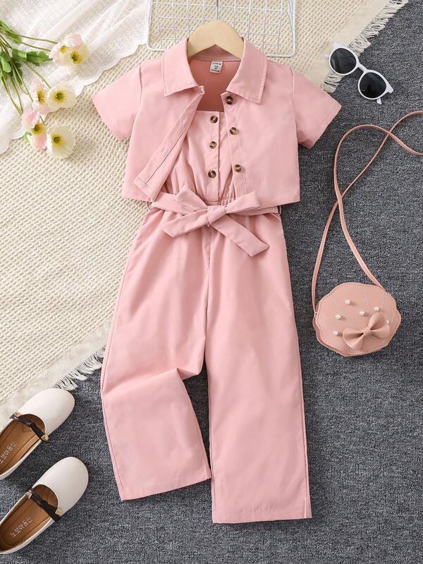 SHEIN Toddler Girls Button Front Shirt & Belted Cami Jumpsuit