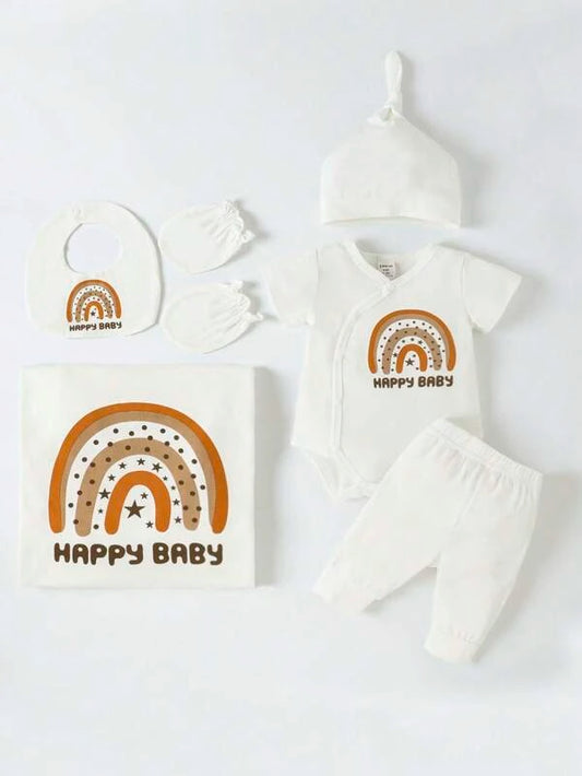 Newborn Baby Rainbow Print Bodysuit & Pants & Hat & Bib & Gloves