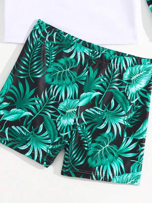 SHEIN Kids SUNSHNE Toddler Boys Tropical Print Beach Swimsuit With Swim Cap