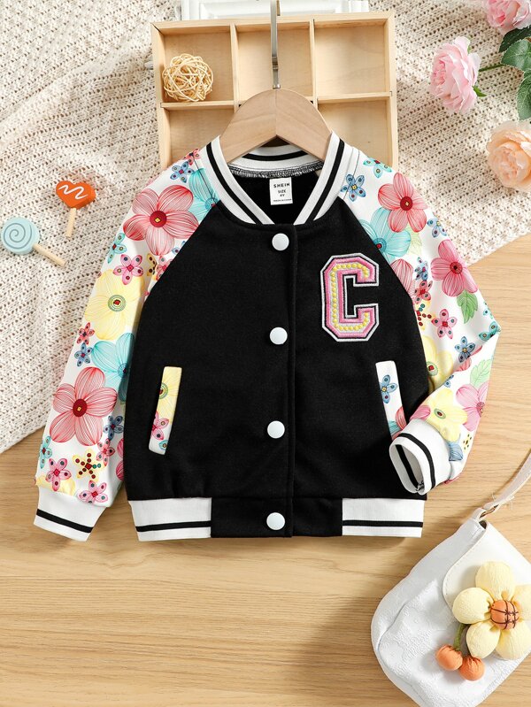 Toddler Girls Floral Print Raglan Sleeve Varsity Jacket