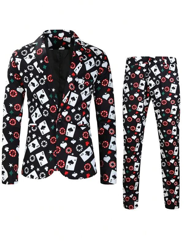 Men Playing Card Print Single Button Blazer & Pants Set