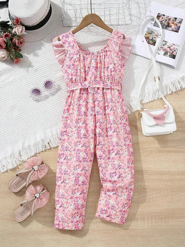 SHEIN Kids SUNSHNE Toddler Girls Ditsy Floral Print Ruffle Trim Belted Jumpsuit