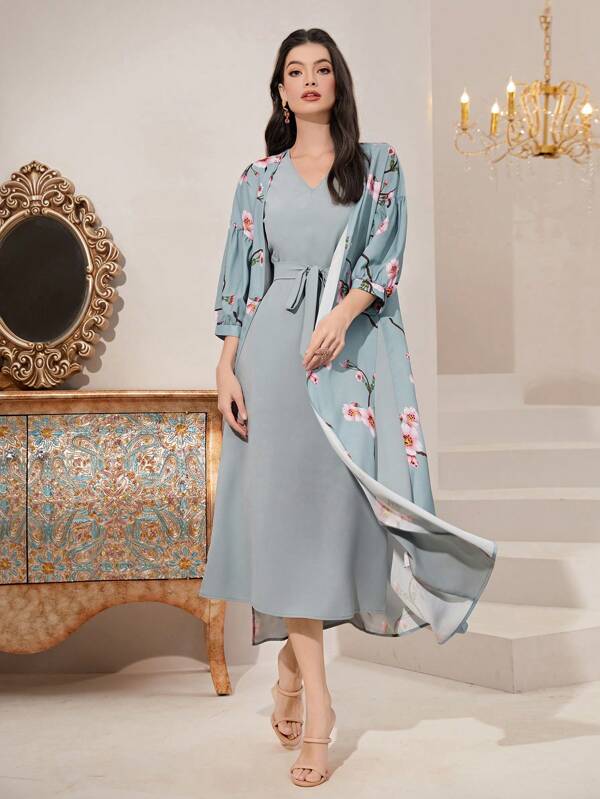 SHEIN Najma Floral Print Belted Abaya Set