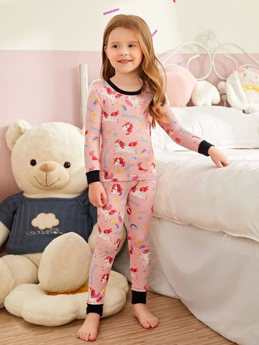 Toddler Girls Unicorn & Letter Graphic Contrast Trim Snug Fit PJ Set
