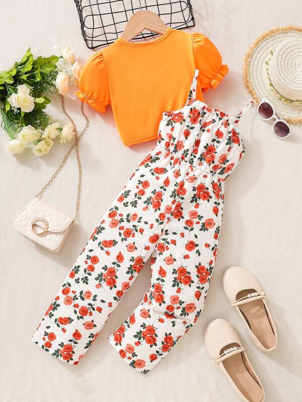 Toddler Girls Floral Print Cami Jumpsuit & Puff Sleeve Button Front Tee