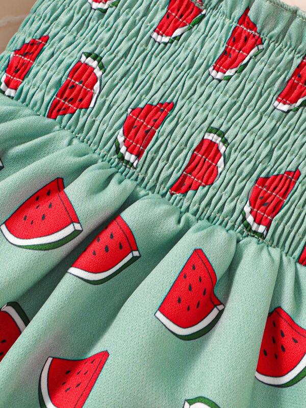 Baby Watermelon Print Bow Shoulder Shirred Cami Dress