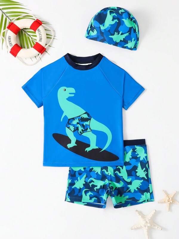 Young Boy Cartoon Graphic Beach Swimsuit With Swim Cap