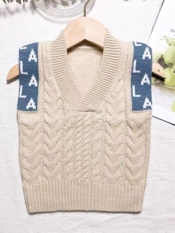 Young Girl Letter Graphic Cable Knit Sweater Vest