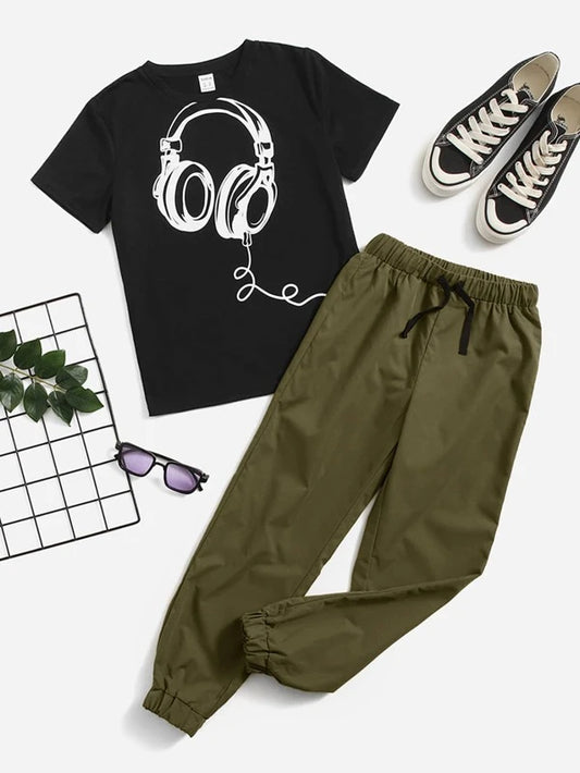 SHEIN Boys Headphone Print Tee & Drawstring Waist Pants