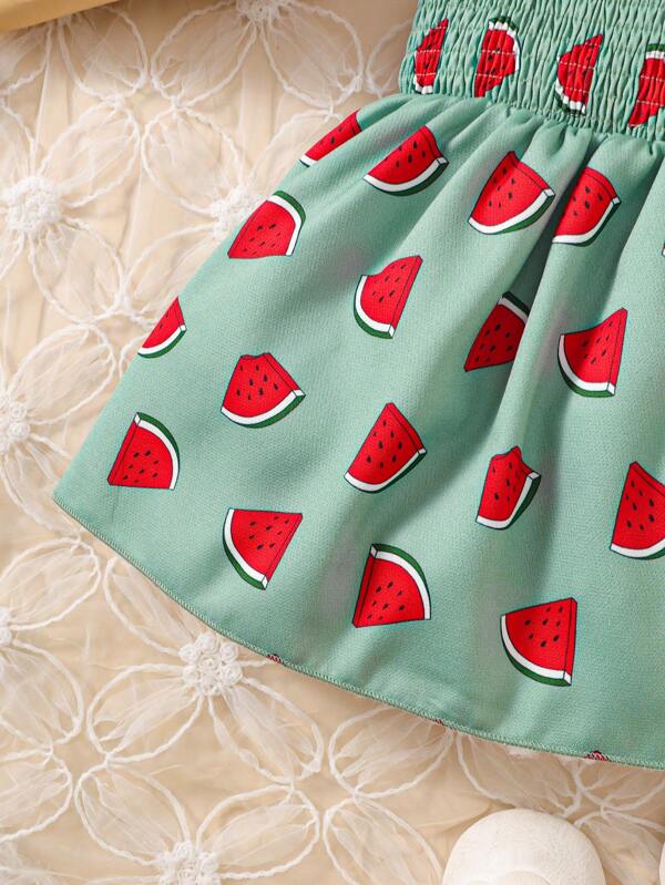 Baby Watermelon Print Bow Shoulder Shirred Cami Dress