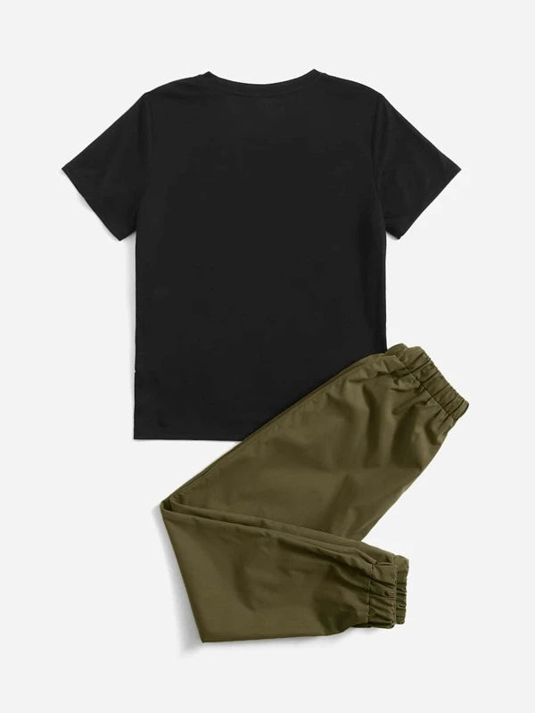 SHEIN Boys Headphone Print Tee & Drawstring Waist Pants