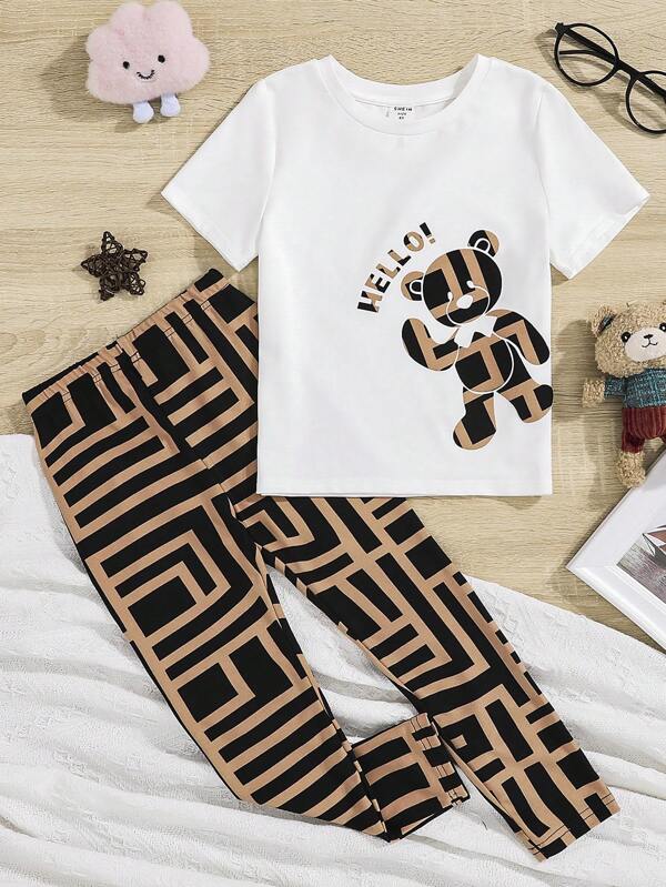 SHEIN Kids EVRYDAY Toddler Girls Bear & Letter Graphic PJ Set