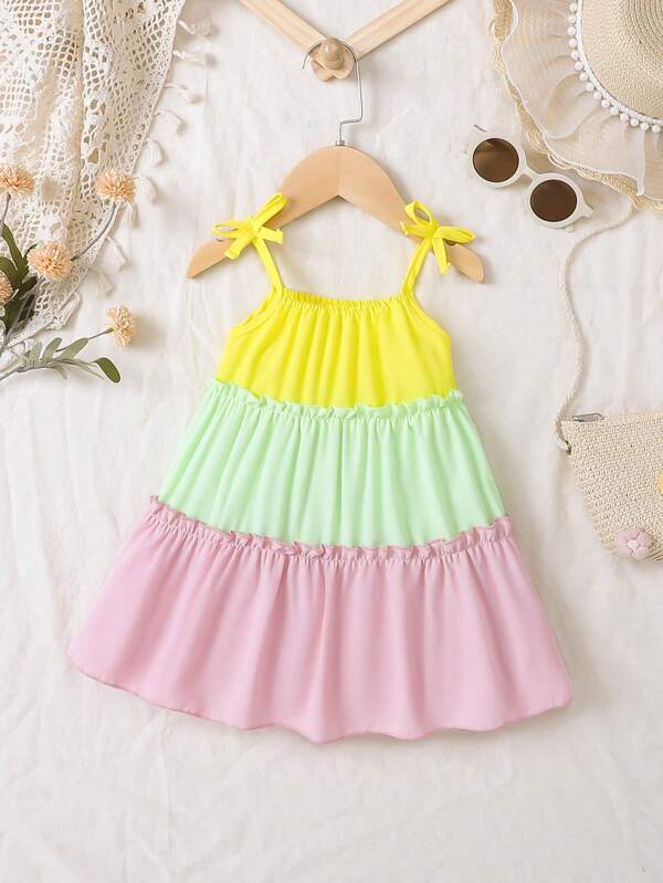 SHEIN Baby Colorblock Knot Shoulder Frill Trim Ruffle Hem Cami Dress