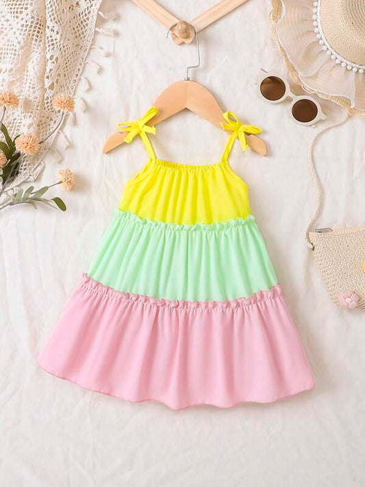 SHEIN Baby Colorblock Knot Shoulder Frill Trim Ruffle Hem Cami Dress