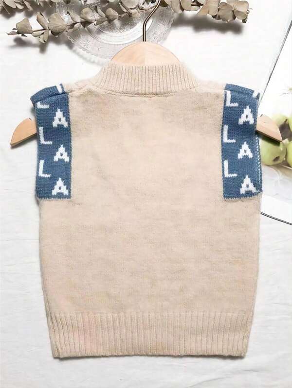 Young Girl Letter Graphic Cable Knit Sweater Vest