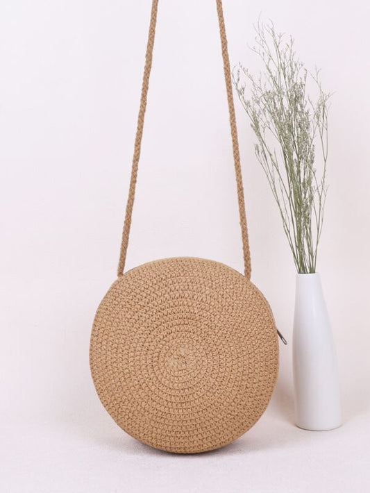 Mini Minimalist Straw Bag Simple Round Straw Bag, Mini Woven Crossbody Bag, Women's Summer Beach Purse (6.3 X 6.3) Inch