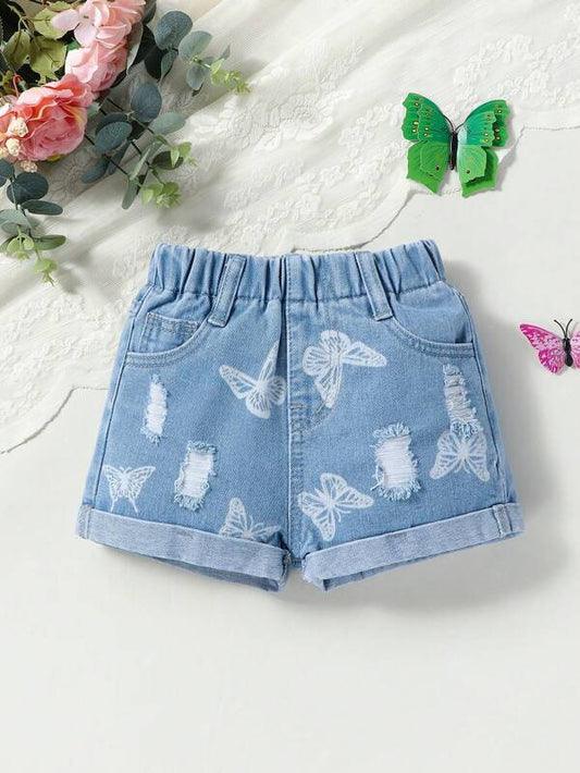 Toddler Girls Butterfly Print Ripped Roll Up Hem Denim Shorts