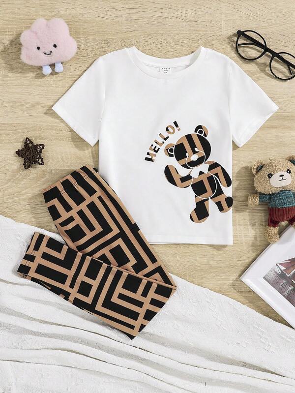 SHEIN Kids EVRYDAY Toddler Girls Bear & Letter Graphic PJ Set