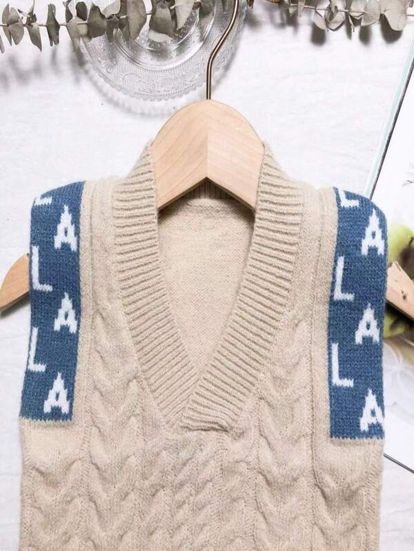 Young Girl Letter Graphic Cable Knit Sweater Vest