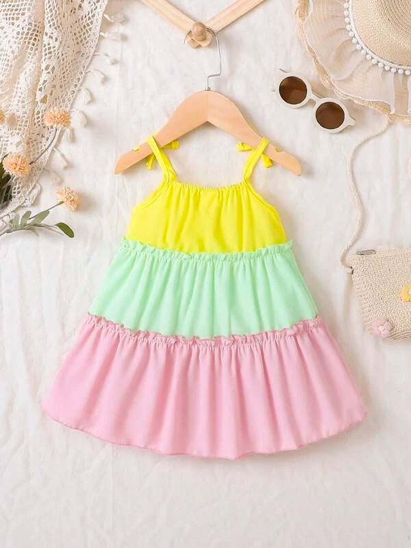 SHEIN Baby Colorblock Knot Shoulder Frill Trim Ruffle Hem Cami Dress