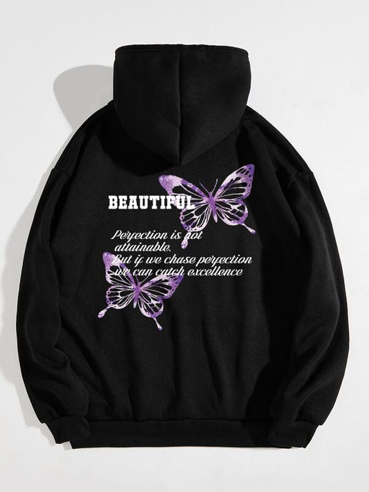 SHEIN EZwear Slogan & Butterfly Print Drawstring Thermal Lined Hoodie