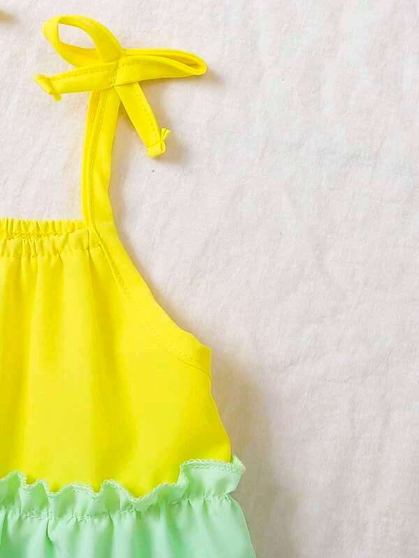 SHEIN Baby Colorblock Knot Shoulder Frill Trim Ruffle Hem Cami Dress