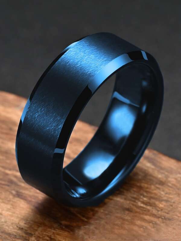 1Pc Simple 8mm Stainless Steel Rings For Men Women Blue Matte Finish Beveled Polished Edge Men Ring Wedding Band Jewelry