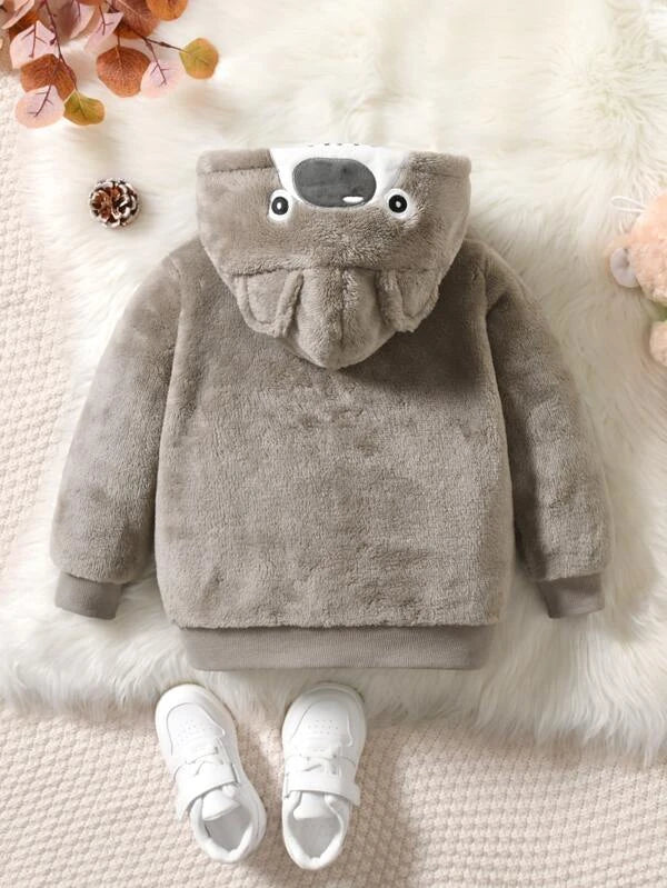 SHEIN Kids QTFun Toddler Boys Embroidery 3D Ear Design Teddy Hooded Jacket