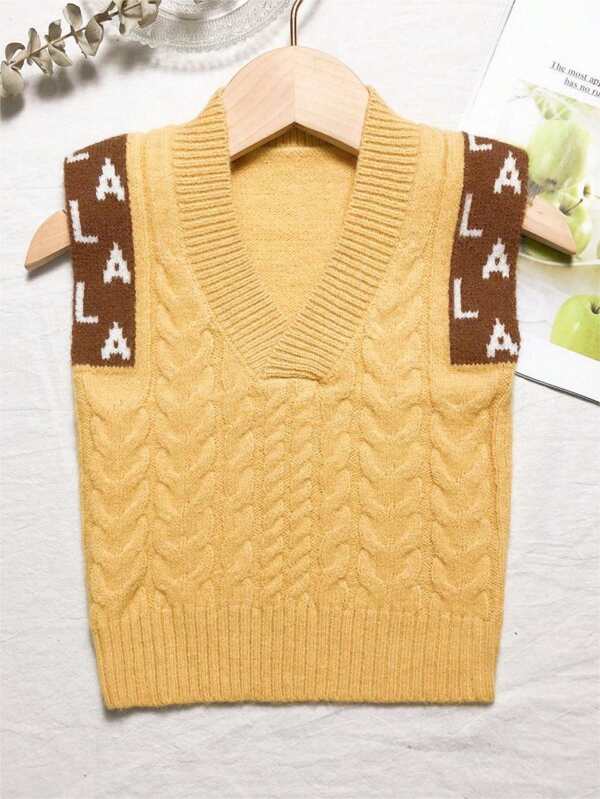 Young Girl Letter Graphic Cable Knit Sweater Vest