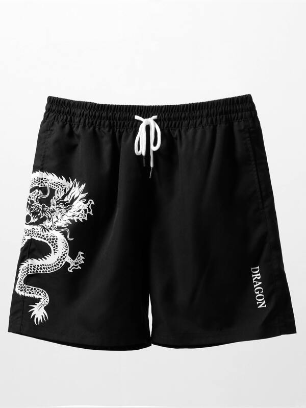 Men Dragon Print Drawstring Waist Swim Trunks