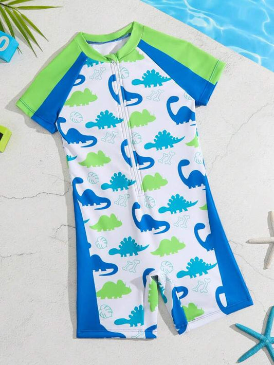 Toddler Boys Dinosaur Print Zipper Front One Piece Swimsuit