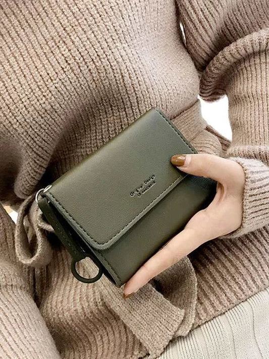 Small Fashionable Wallet Flap Multi-Compartment Plain Green Casual For Daily Office