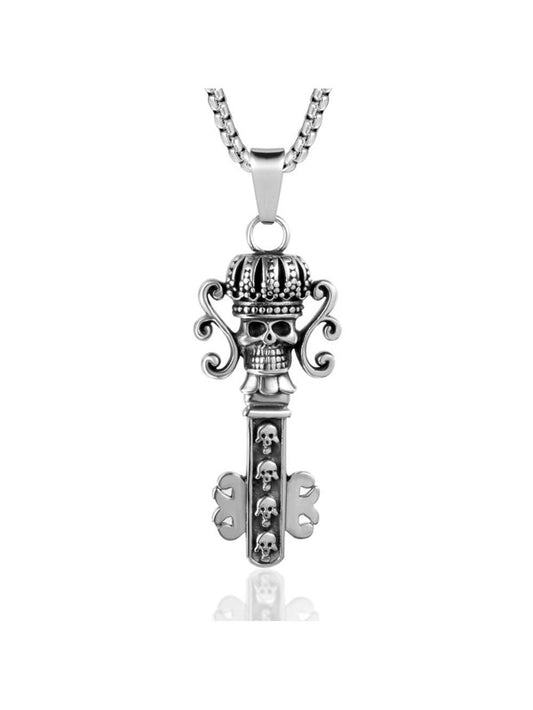 1pc Casual Vintage Ghost Head Crown Stainless Steel Silver Pendant With Skeleton Castle Key Titanium Steel Necklace For Men And Women, Suitable For Daily, Party, Outdoor, And Fashion Accessories