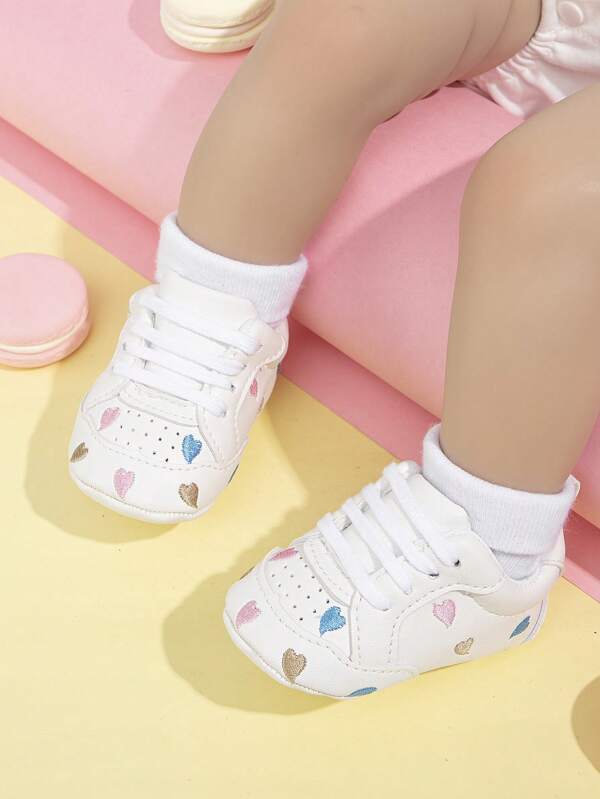 Baby Boy Heart Embroidered Lace Up Front Sneakers