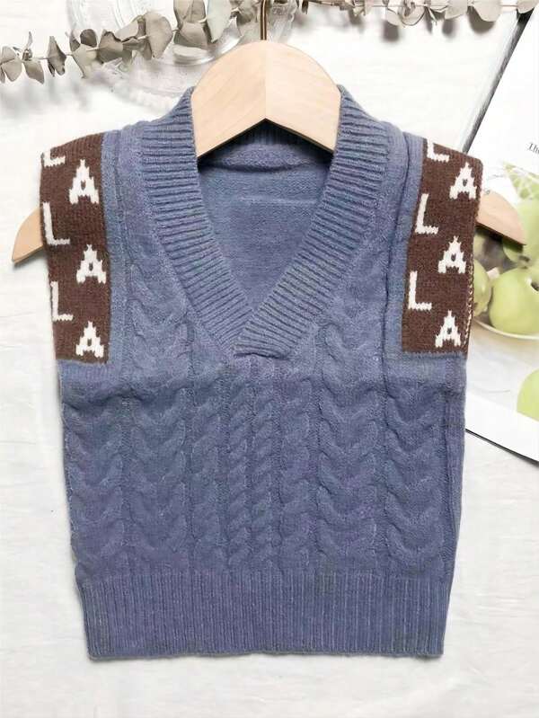 Young Girl Letter Graphic Cable Knit Sweater Vest