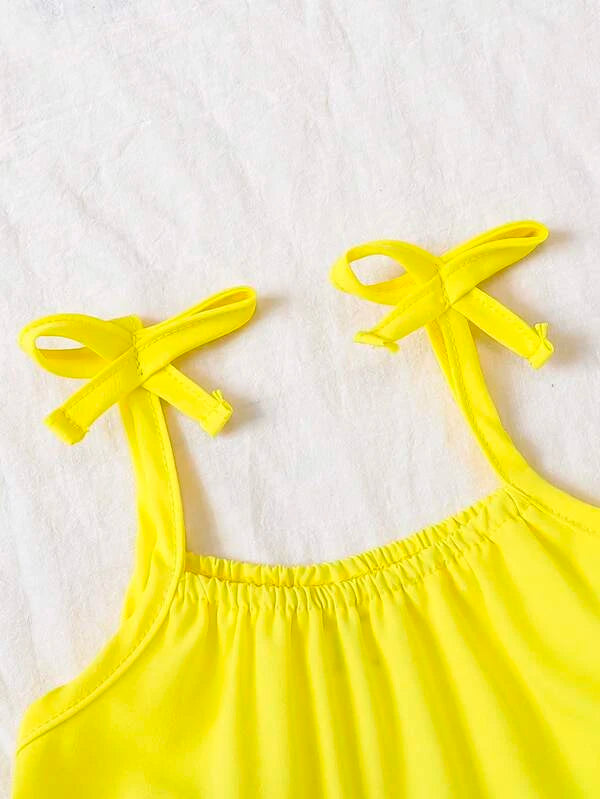 SHEIN Baby Colorblock Knot Shoulder Frill Trim Ruffle Hem Cami Dress